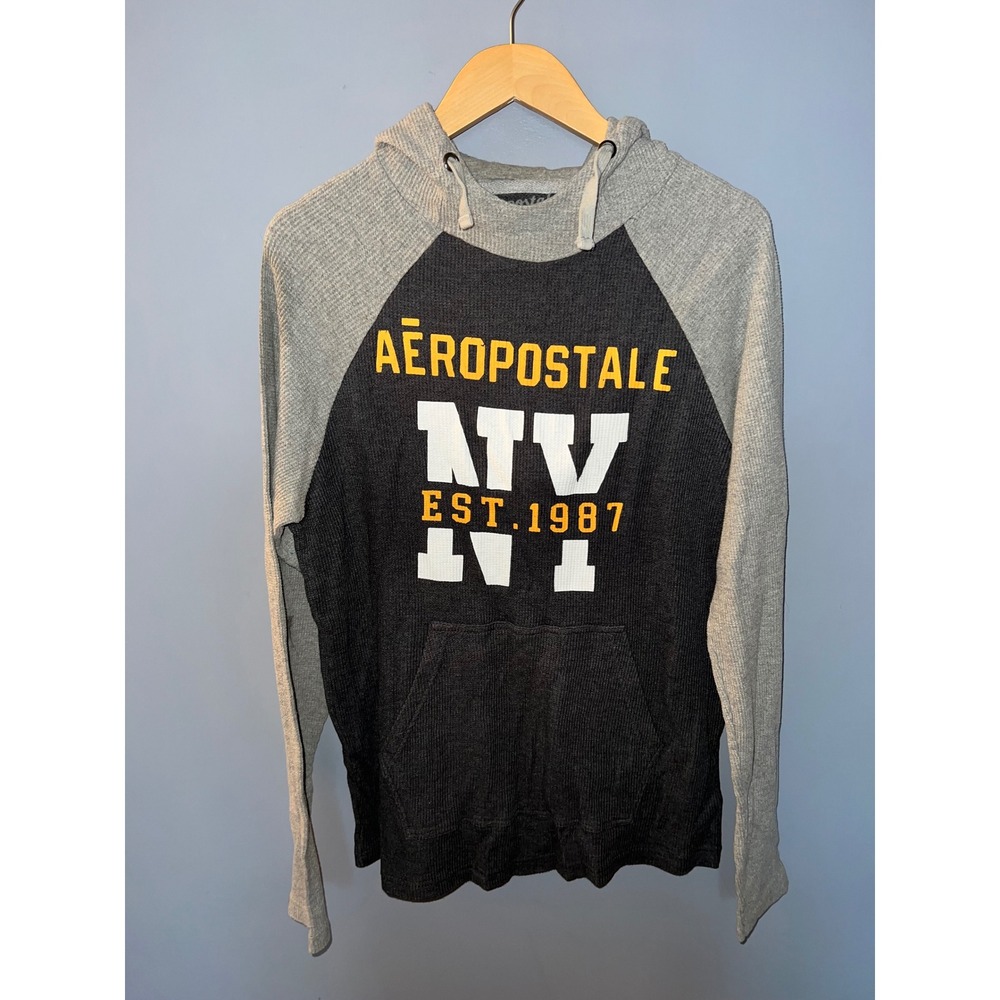 Aeropostale Mens Thermal Hoodie Gray Waffle Knit Raglan Graphic‎ Pullover Large